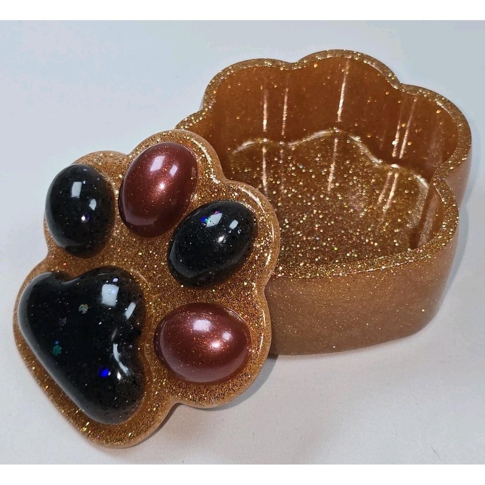 Handmade Resin Paw Print Trinket Box Gold Black Copper Glitter Pet Memorial